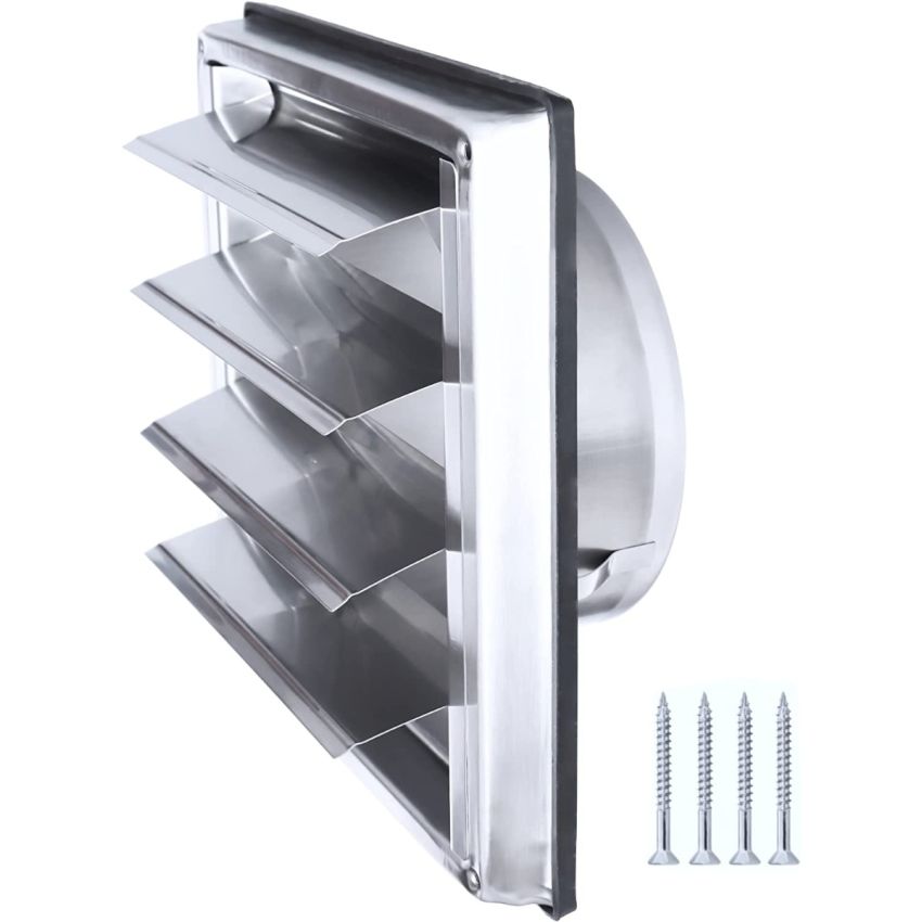 DOMUX DMX-125-SMS Grille de Ventilation Inox 125 mm pour Hotte, Extracteur et S&egrave;che-Linge - Lames Mobiles Anti-Retour - R&eacute;sistance aux Intemp&eacute;ries - 185x185mm - DN125