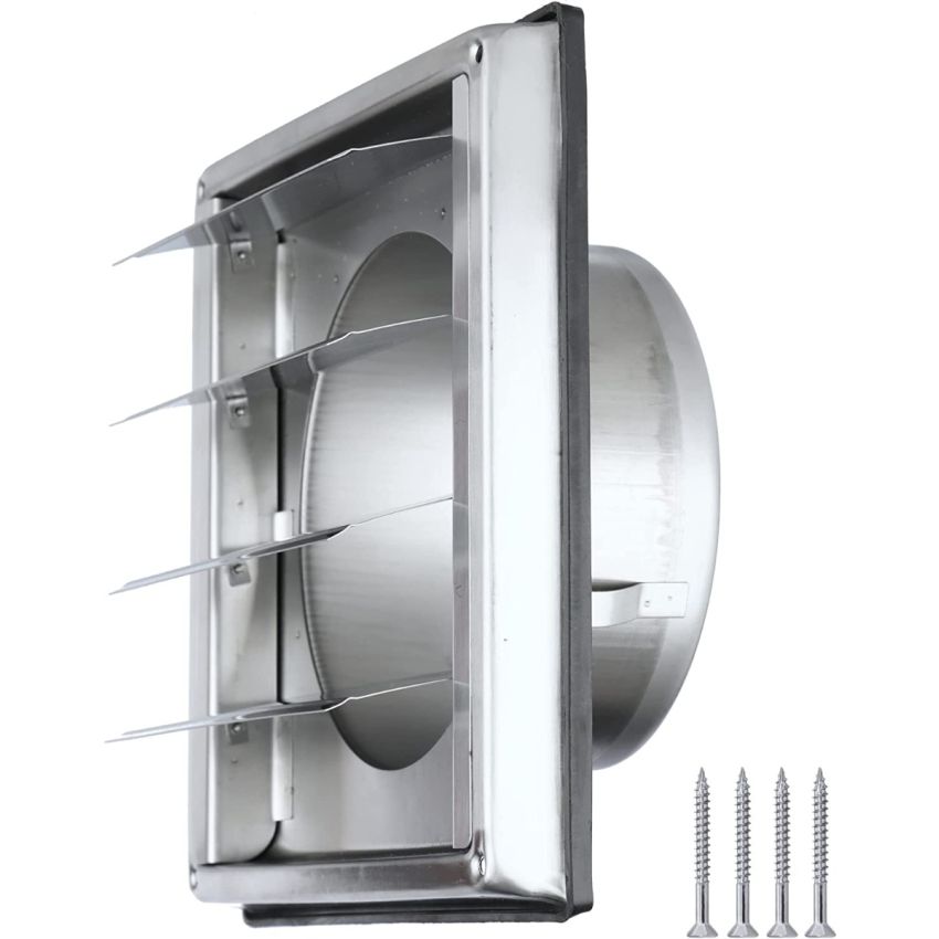 DOMUX DMX-125-SMS Grille de Ventilation Inox 125 mm pour Hotte, Extracteur et S&egrave;che-Linge - Lames Mobiles Anti-Retour - R&eacute;sistance aux Intemp&eacute;ries - 185x185mm - DN125