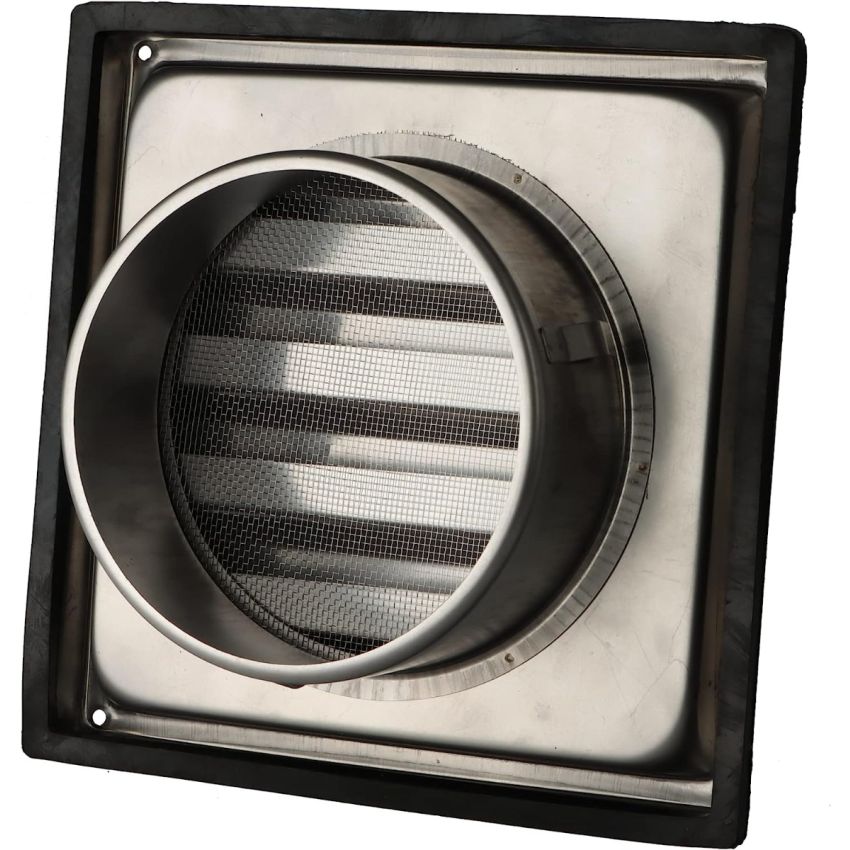 DOMUX DMX-150-FMS-W Grille Ventilation 150 mm Inox Haute Qualité - Hotte, Extracteur, Sèche-Linge, VMC - Filet Anti Insectes - Résistance Intempéries - 185x185mm - DN150